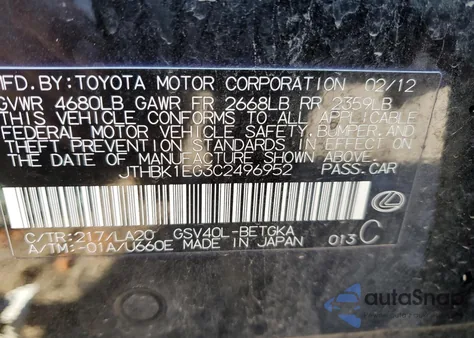 2012 Lexus Es 350 from USA, damaged, VIN JTHBK1EG3C2496952